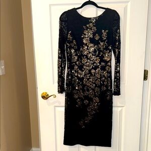 Xscape Black Lace and Sequin Long Sleeve Sheath Dress